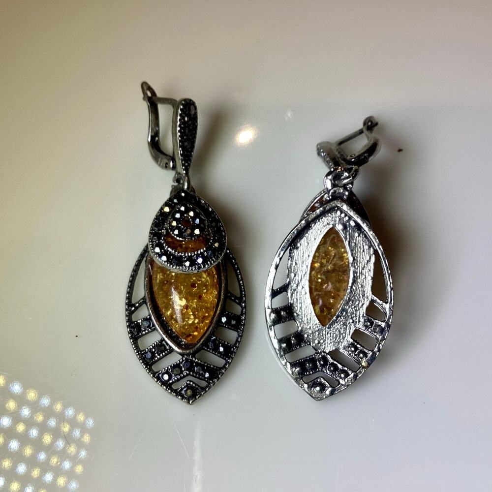 Amber Toned Stone and Dark Crystals Drop Earrings - Picture 6 of 8